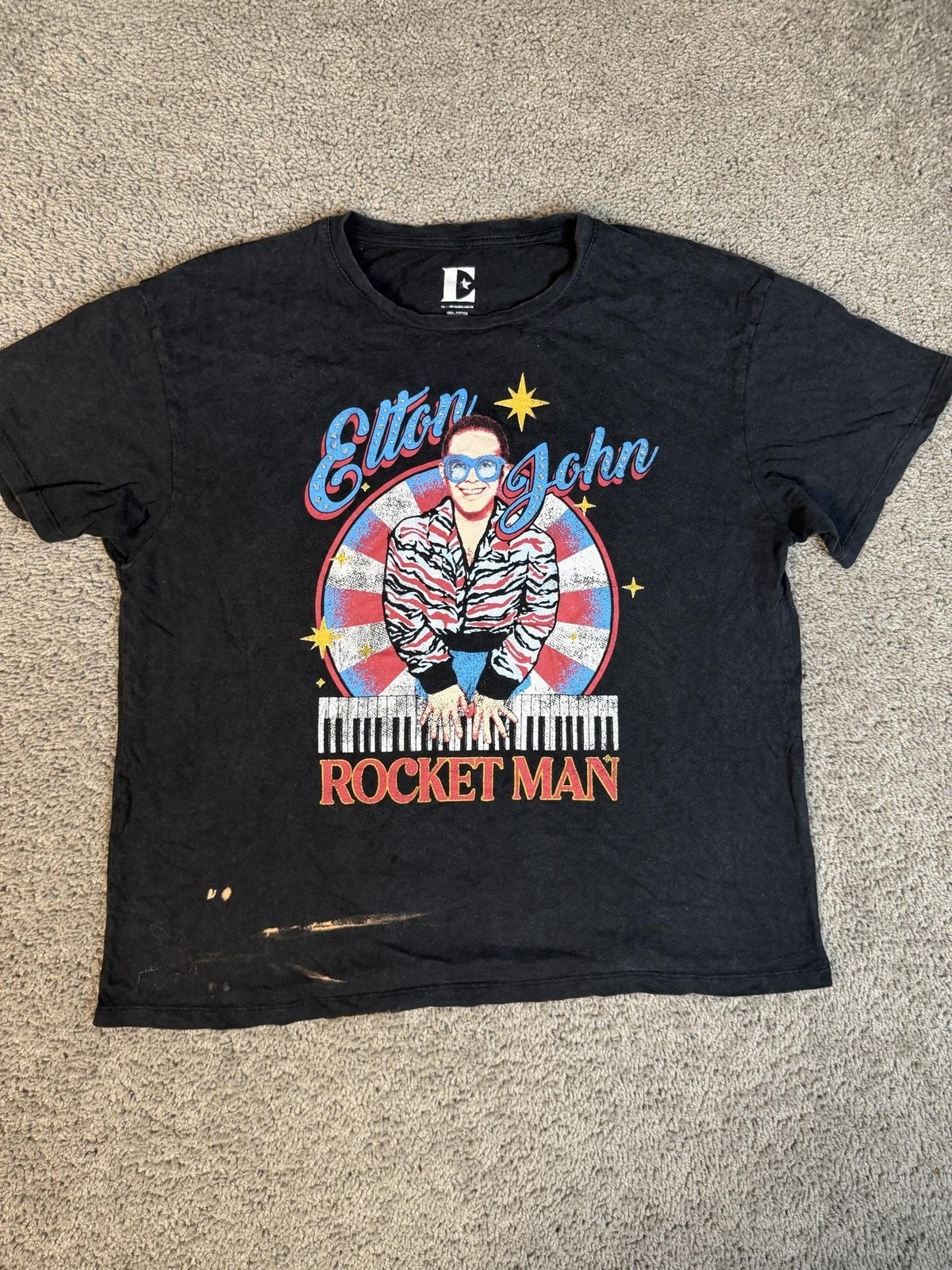 Elton John Shirt Womens L Black Rocket Man Graphic 100% Cotton Crew Neck